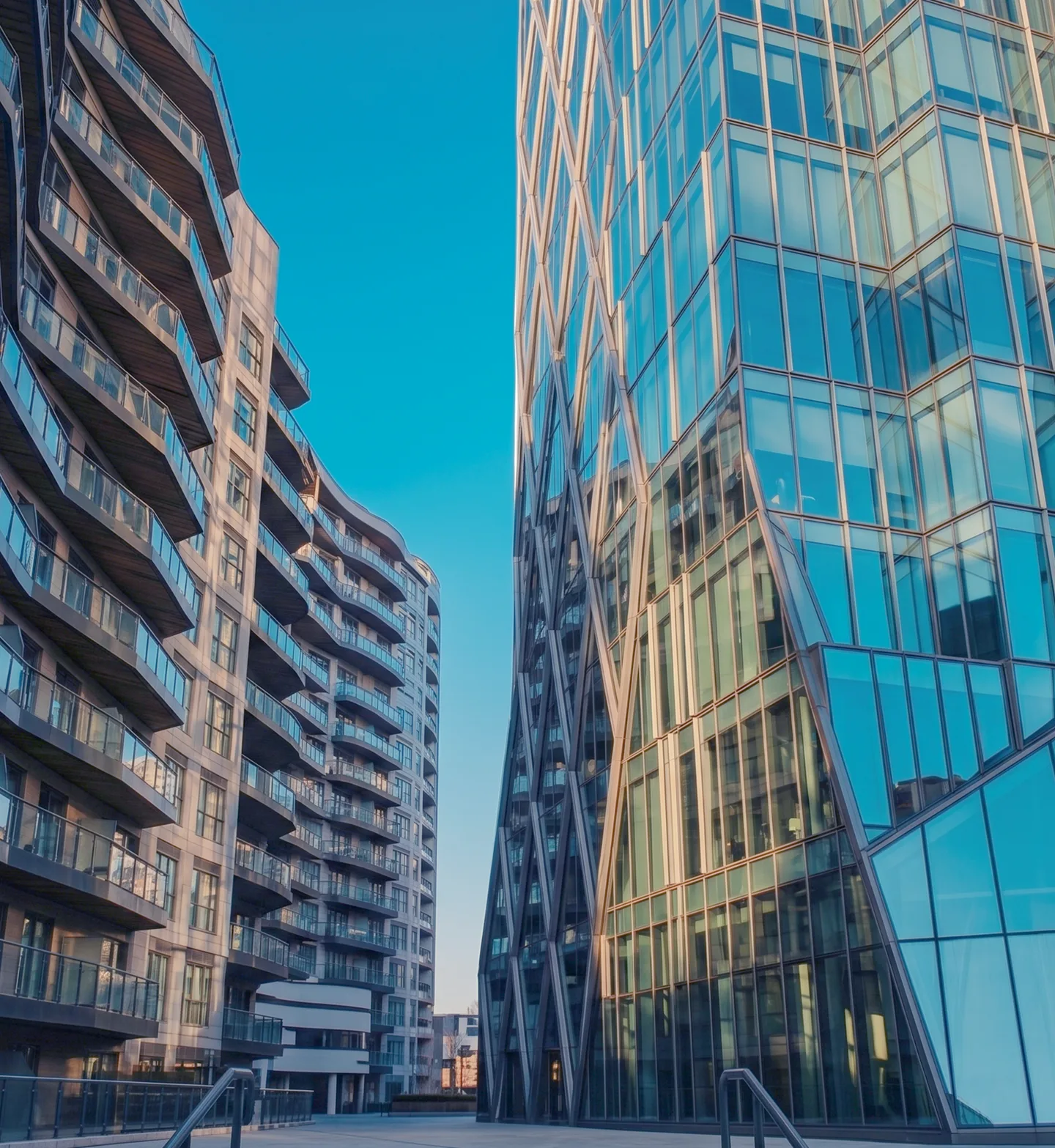 Residential and office towers seen from the street